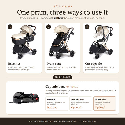 Arête Stridex 3-in-1 Pram & Stroller Travel System with Capsule — Khaki