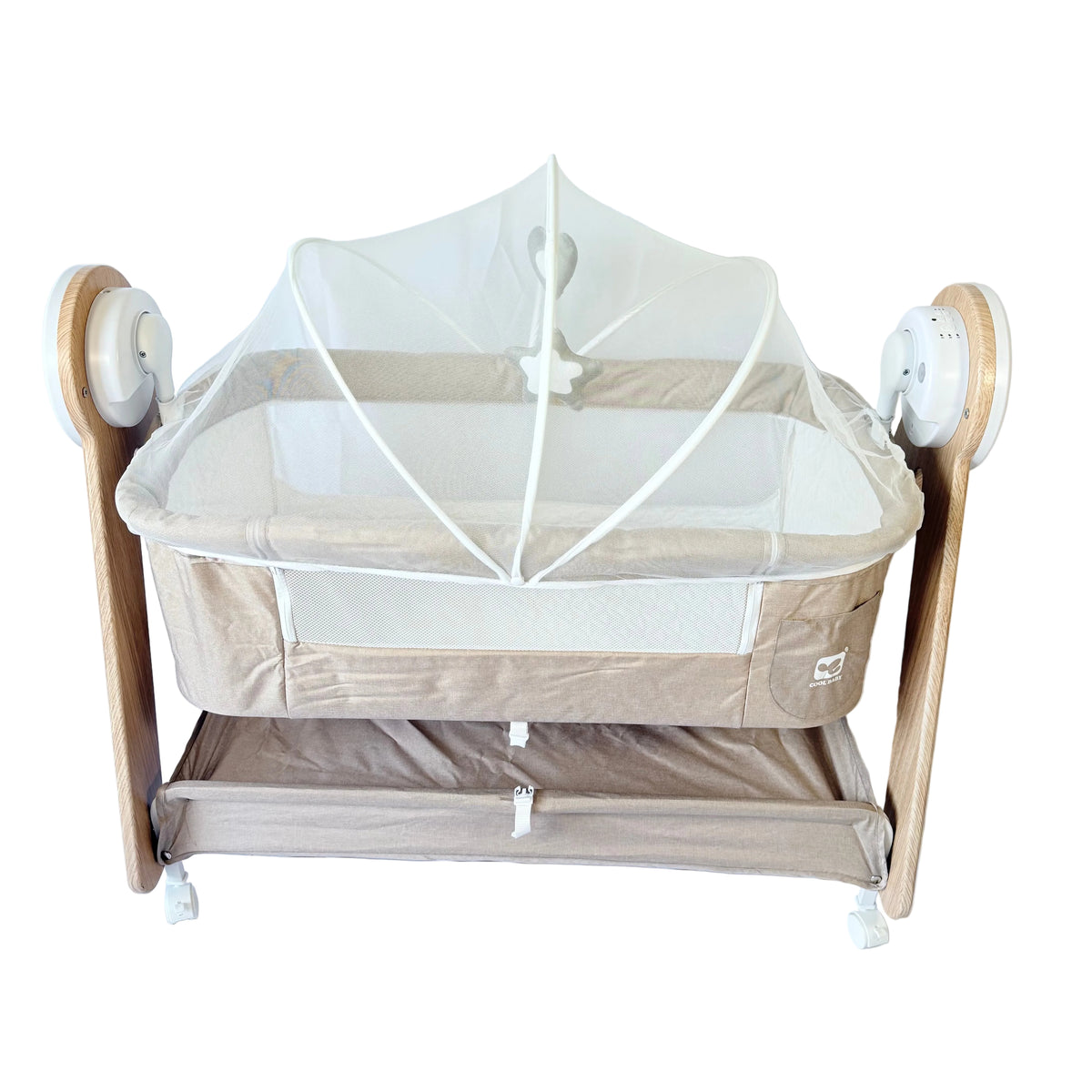Arête electric rocking co-sleeper bassinet in beige with wood-grain frame