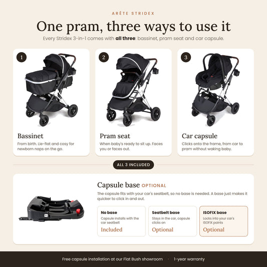 Arête Stridex 3-in-1 Pram & Stroller Travel System with Capsule — Black